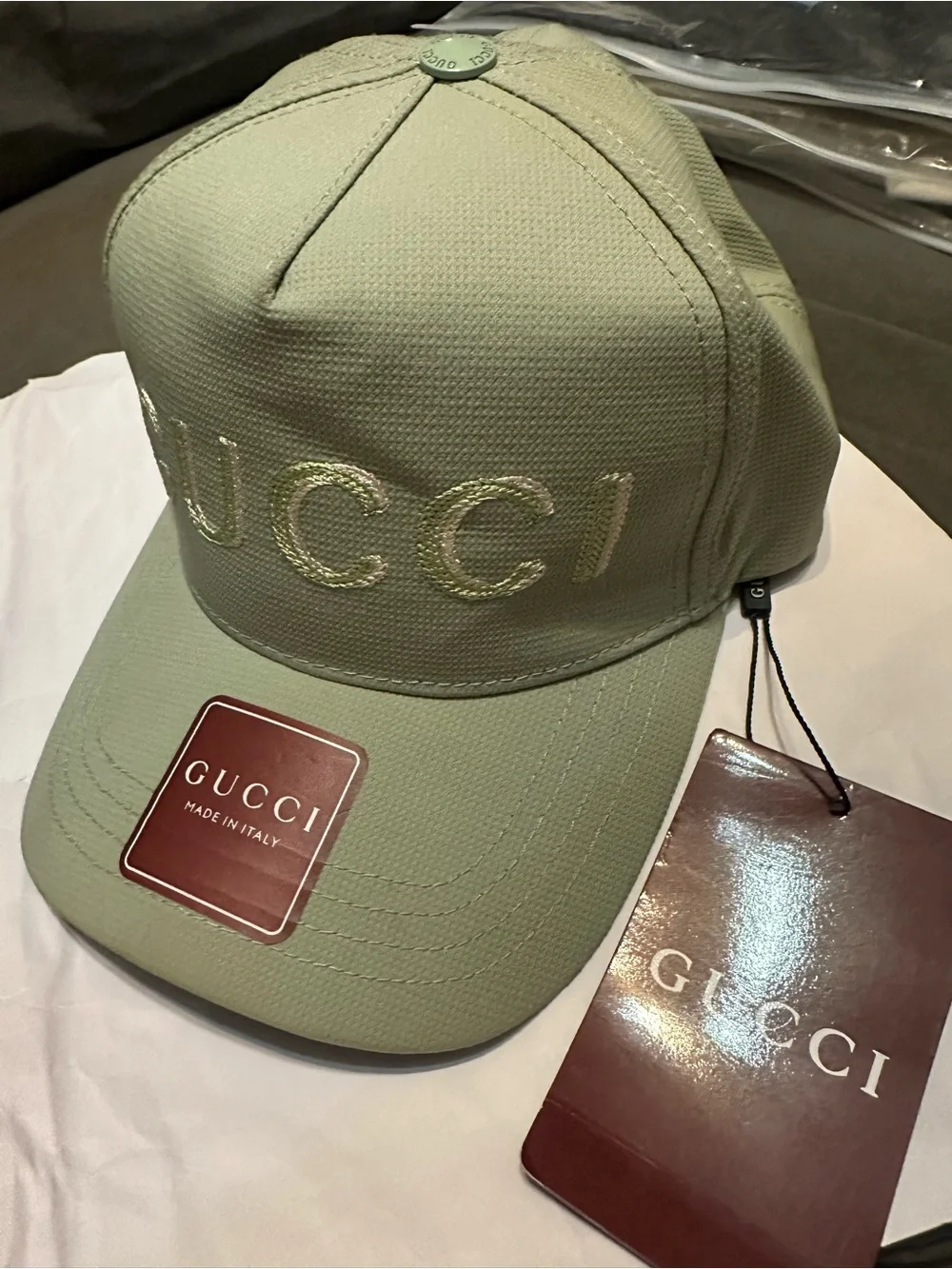 Gucci Light Sage Leather Strapback Cap